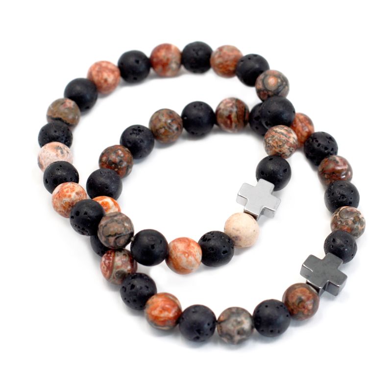 2 Pulseras con Piedras Preciosas-Eternidad-Piel de Leopardo Jaspe y Piedra de Lava