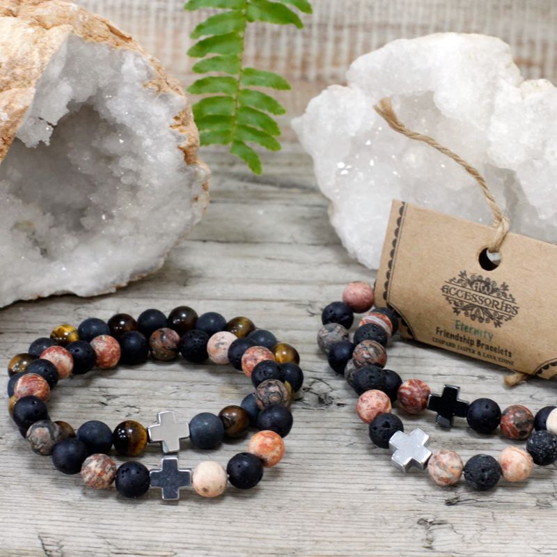 2 Pulseras con Piedras Preciosas-Eternidad-Piel de Leopardo Jaspe y Piedra de Lava