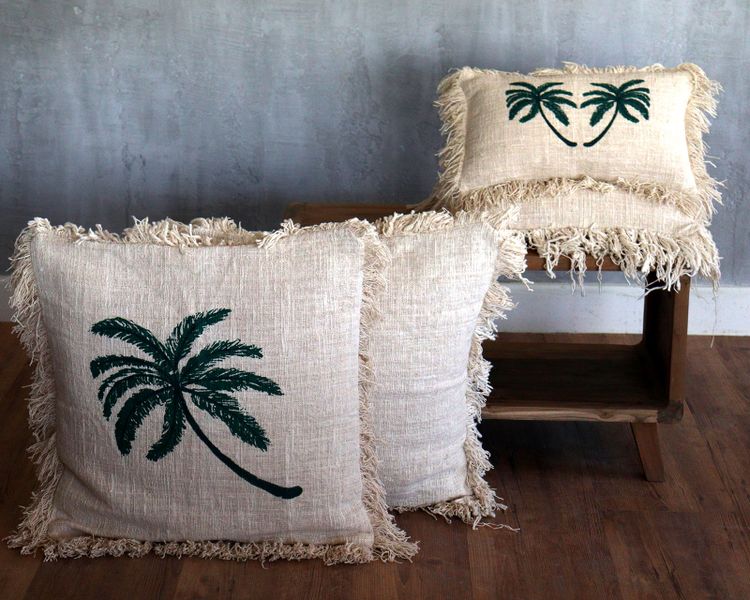 Funda de Cojín de Lino 45x45 Palmera con Flecos
