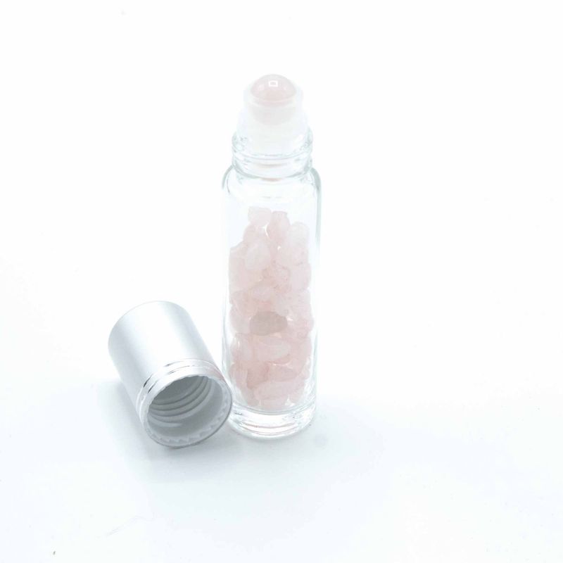 Botella en Roll-on con gemas - Cuarzo Rosa - Tapa plateada