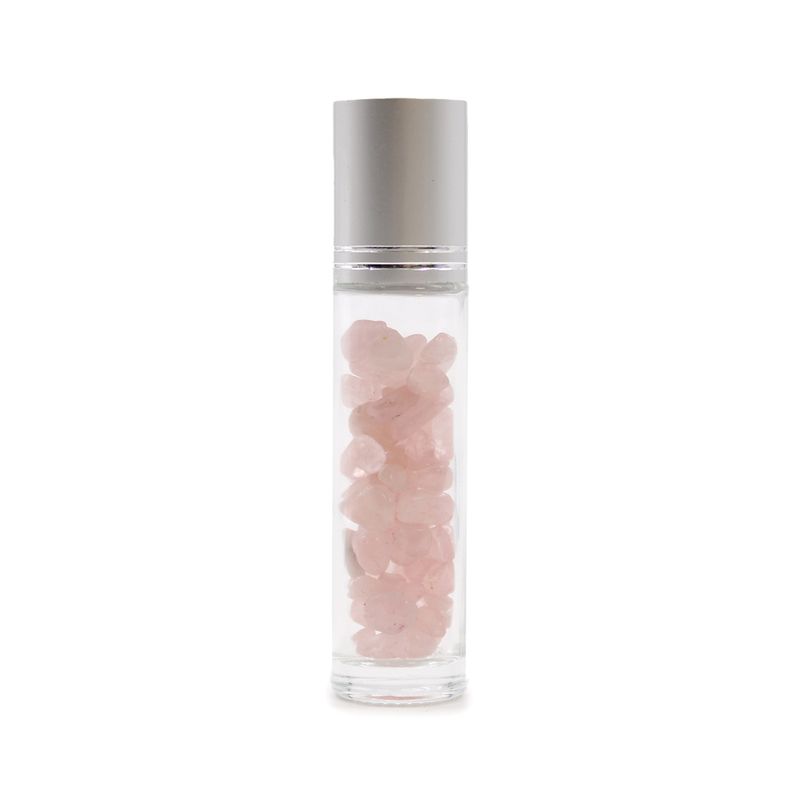Botella en Roll-on con gemas - Cuarzo Rosa - Tapa plateada