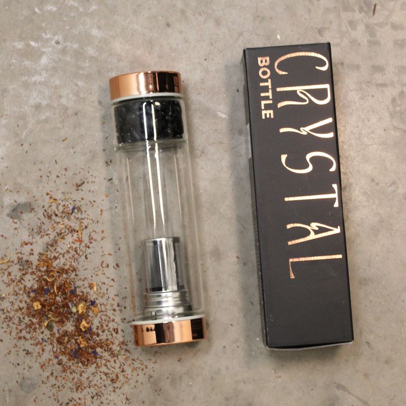 Botella de Cristal para Infusion de Te de Cristal - Oro Rosa - Cuarzo Rosa
