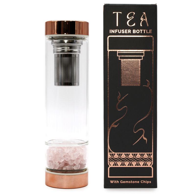 Botella de Cristal para Infusion de Te de Cristal - Oro Rosa - Cuarzo Rosa