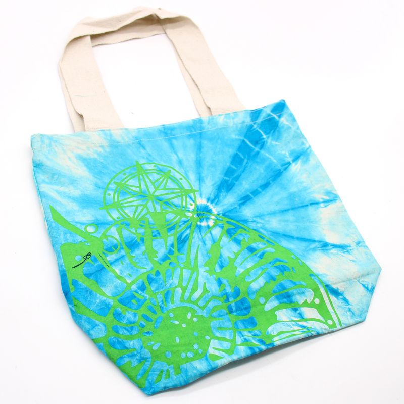 Bolsa de Algodón Tye-Dye - 38x42x12cm - Concha Marina - Azul/Verde - Asa Verde