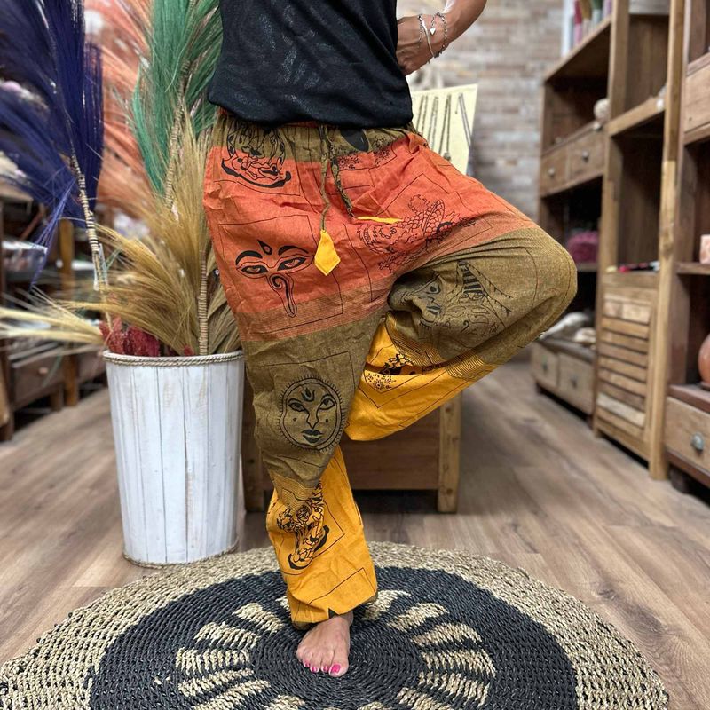 Pantalones para Meditación y Festivales - Estampado Himalaya Cintura Alta - Naranja