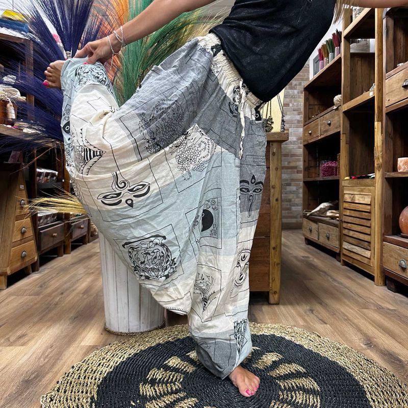 Pantalones para Yoga y Festivales - Estampado Aladino del Himalaya - Gris