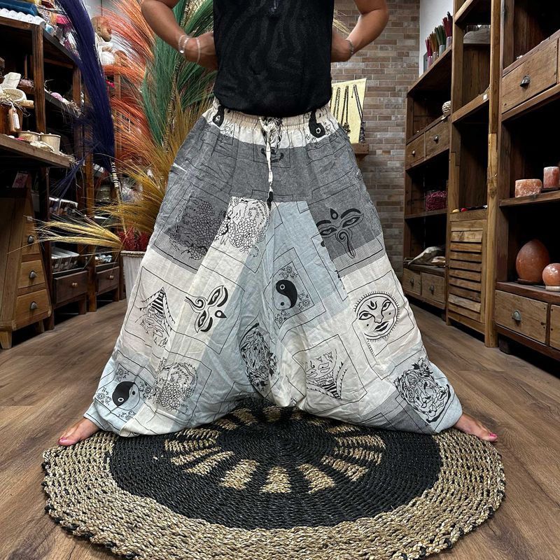 Pantalones para Yoga y Festivales - Estampado Aladino del Himalaya - Gris