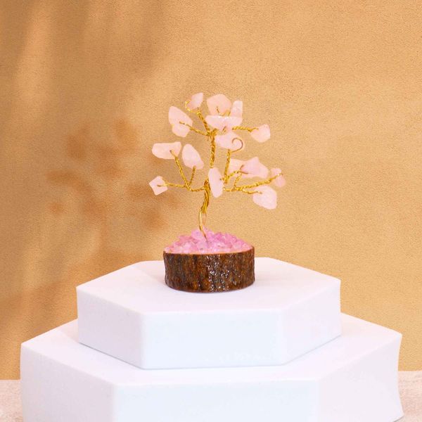 Mini arboles de piedras preciosas sobre base de madera - Cuarzo rosa (15 piedras)