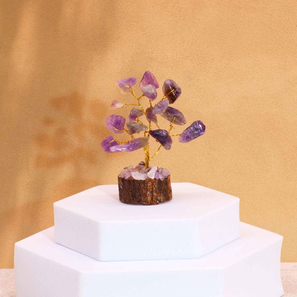 Mini arboles de piedras preciosas sobre base de madera - Amatista (15 piedras)