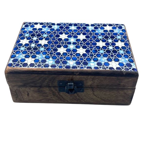 Caja de Madera Esmaltada Mediana - 15x10x6cm - Estrellas Azules