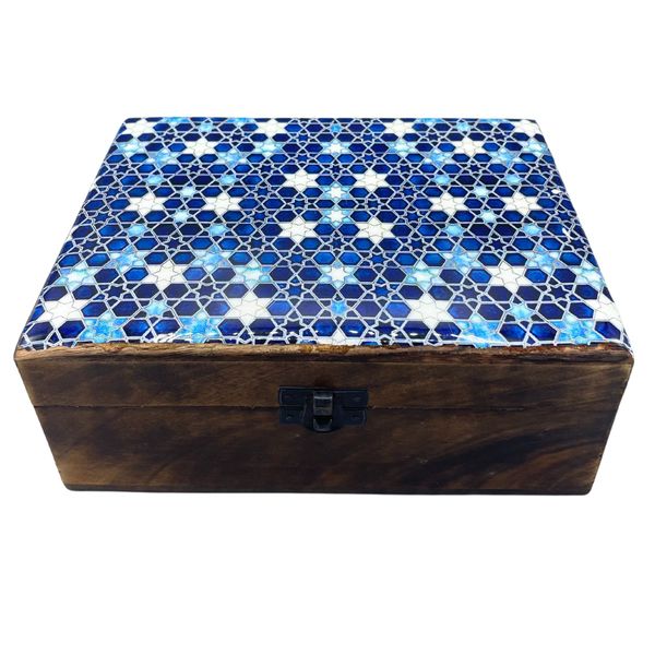 Caja de Madera Grande Esmaltada - 20x15x7.5cm - Estrellas Azules