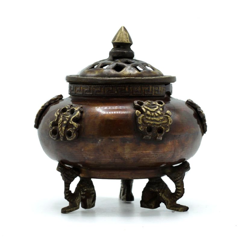 Quemador de Incienso Tibetano de Laton - Olla de Pie con Seis Simbolos