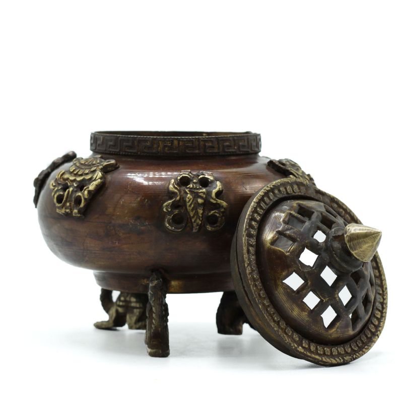Quemador de Incienso Tibetano de Laton - Olla de Pie con Seis Simbolos