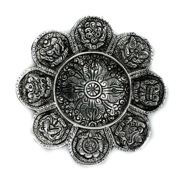 Porta Incienso Símbolos Tibetanos de  Aluminio Pulido 12cm