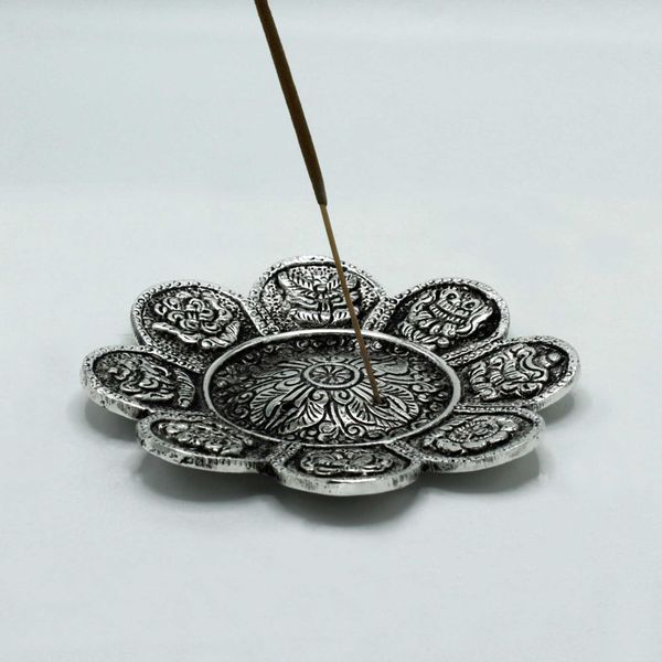Porta Incienso Símbolos Tibetanos de  Aluminio Pulido 12cm