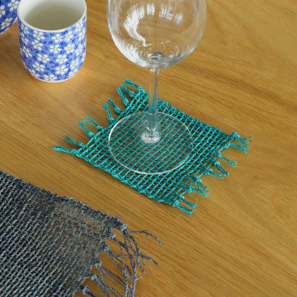 Posavasos Natural con Flecos de Pastos Marinos - Turquesa