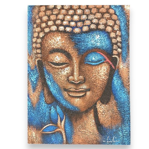 Cuadro de Buda - Bronce y flor azul