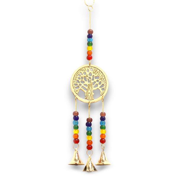 Carillón Indio - Árbol de la Vida de latón con Chakra - 3 Campanas - 6.5x31cm