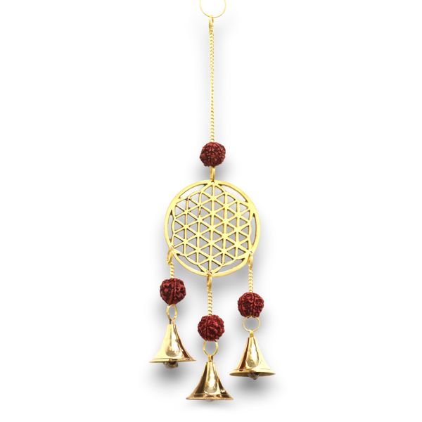 Carillón Indio - Flor de la Vida de Latón con Cuentas Rudraksha - 3 Campanas - 6x27cm