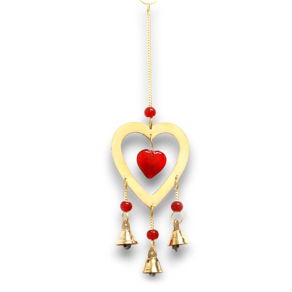 Carillón Indio - Latón con Corazón de Cristal Rubí - 3 Campanas - 6.5x24cm