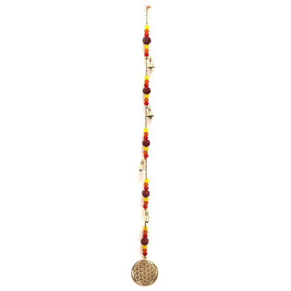 Carillón Indio - Flor de la Vida de latón con Rudraksha Cuentas de Chakras en Cuerda - 6x63cm