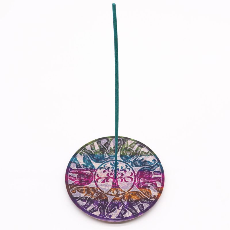 Porta Incienso en forma de disco de Esteatita de 12 cm - 6 Elefantes de la suerte