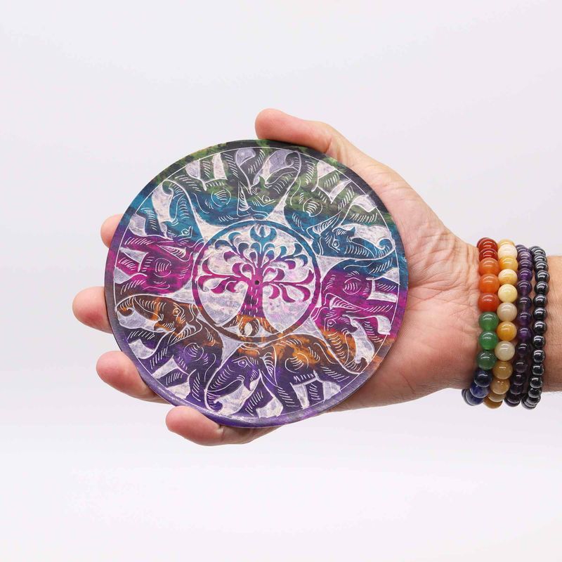 Porta Incienso en forma de disco de Esteatita de 12 cm - 6 Elefantes de la suerte