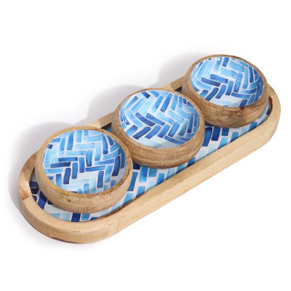 Bandeja de Madera de Mango con 3 Cuencos - Mosaicos Azules