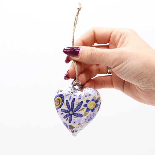 Corazones de Madera Decorativos Grandes: Florales en azul