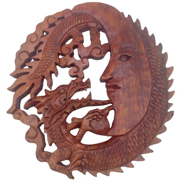 Panel de Madera- Dragon y cara de luna - 30cm