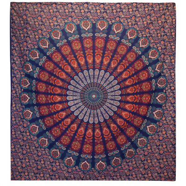 Colcha Doble de Algodón + Tapiz - Pavo Real Mandala - Azul