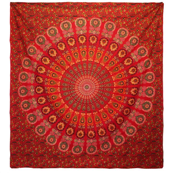 Colcha Doble de Algodón + Tapiz - Pavo Real Mandala - Rojo