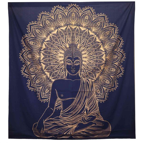 Colcha Doble de Algodón + Colgante de Pared - Buda - Oro Azul