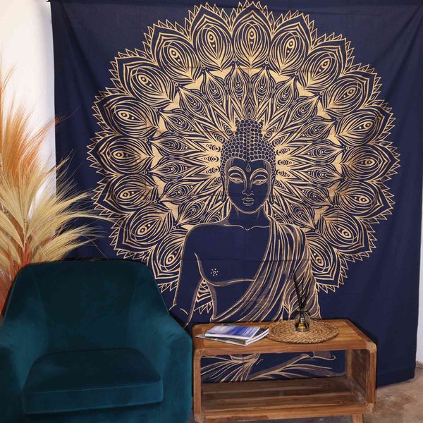 Colcha Doble de Algodón + Colgante de Pared - Buda - Oro Azul