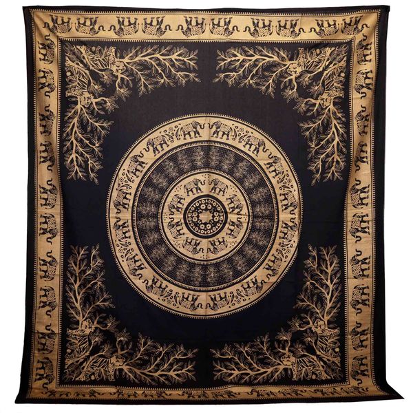 Colcha Doble de Algodón + Colgante de Pared - Jungla de Elefantes - Oro Negro