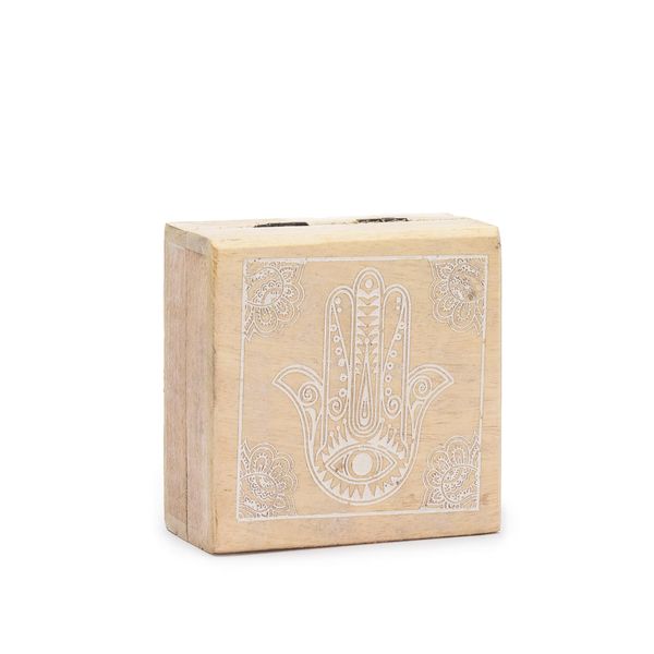 Caja cuadrada pequeña 10x10x4,2cm - Cara de Hamsa grabada en blanco