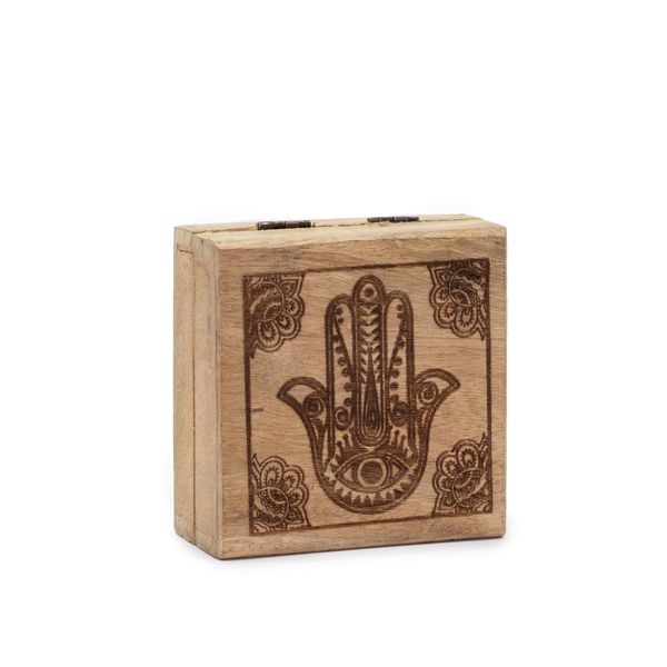 Caja cuadrada pequeña 10x10x4,2cm - Cara de Hamsa grabada en negro