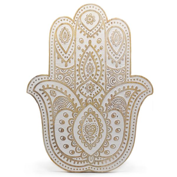 Placa de Pared de Madera de Mango - Hamsa - Blanqueado