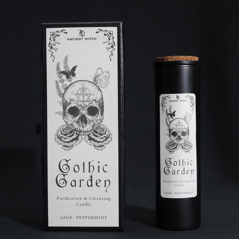 vela ritual de Gothic Garden y caja de regalo con calavera y rosa sobre un fondo negro