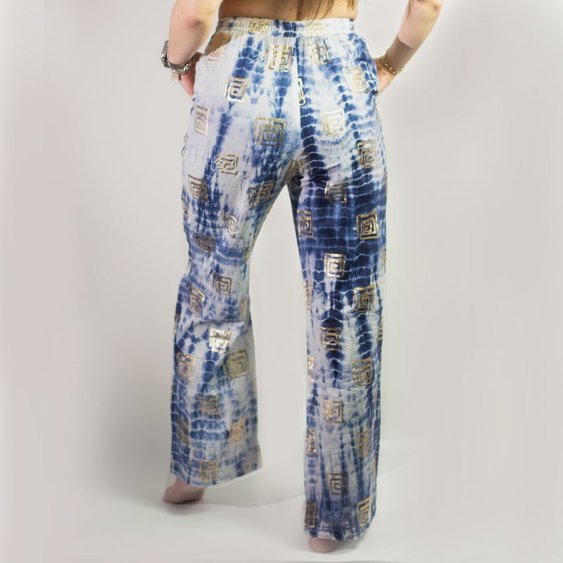 Nomad Sari  (M/L)  - Pantalones de lounge - Motivo griego en dorado y azul - Pintado a mano
