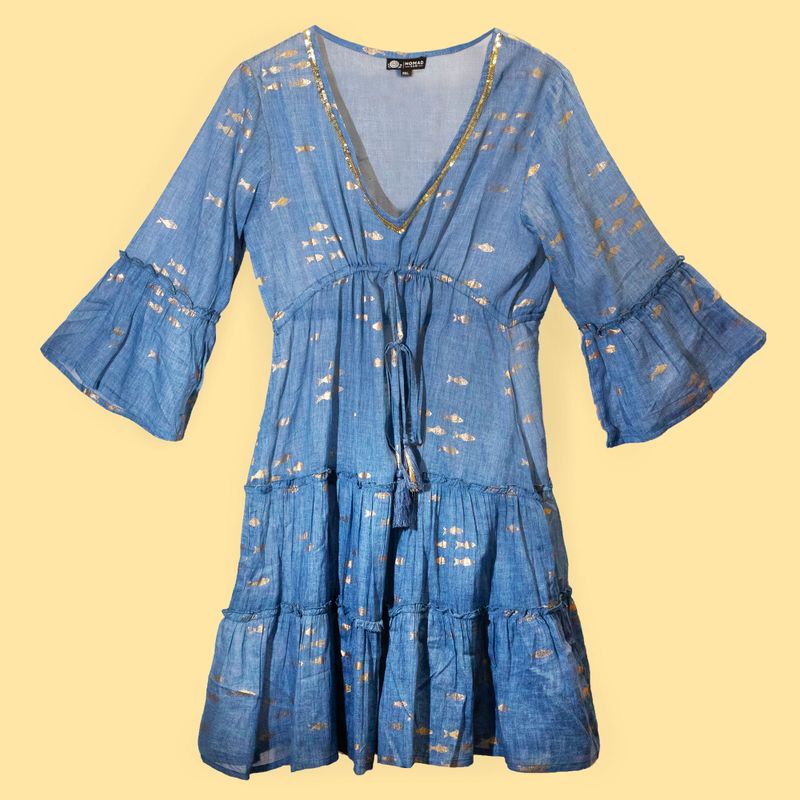 Vestido (M/L) - Nomad Sari - Diseño Peces Azul Marino y Dorado