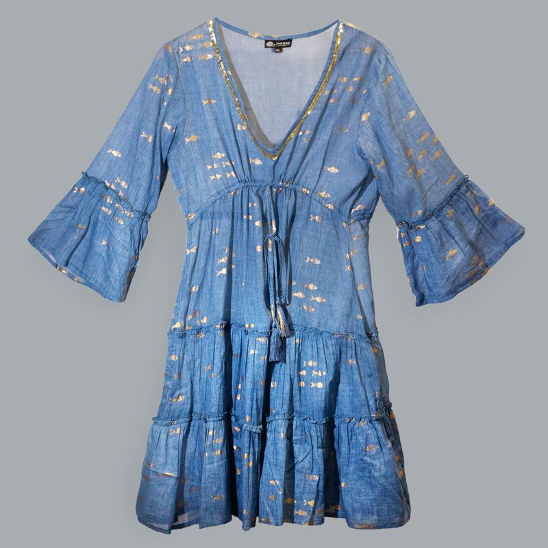 Vestido (M/L) - Nomad Sari - Diseño Peces Azul Marino y Dorado