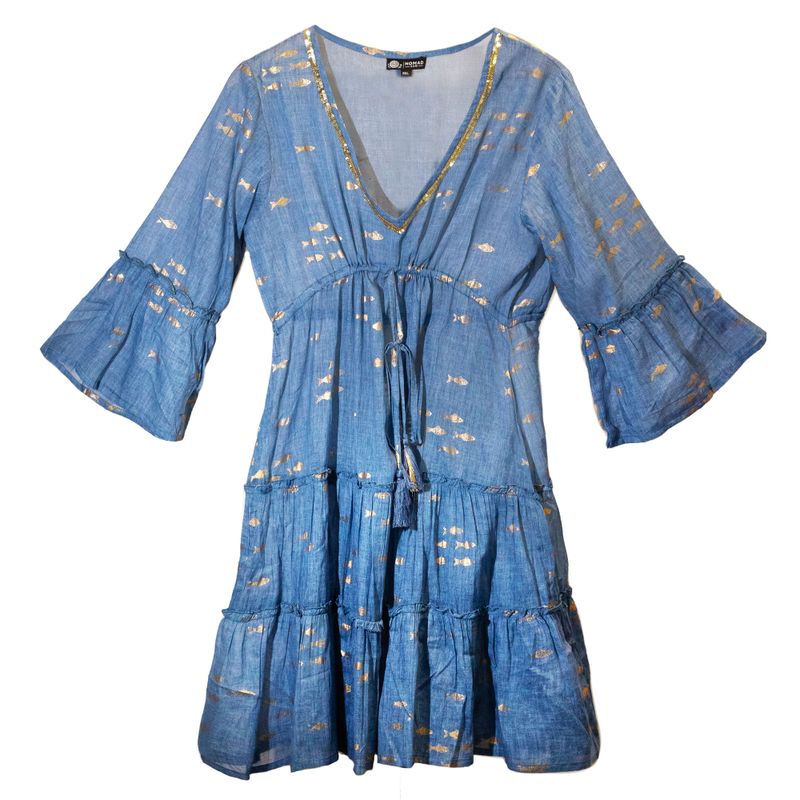 Vestido (M/L) - Nomad Sari - Diseño Peces Azul Marino y Dorado