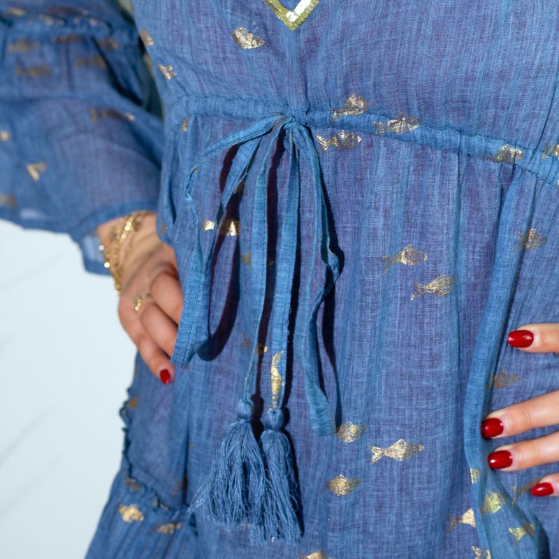 Vestido (M/L) - Nomad Sari - Diseño Peces Azul Marino y Dorado