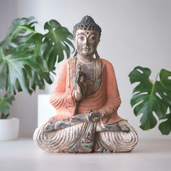 Estatua de Buda Vintage Naranja Tallada a Mano