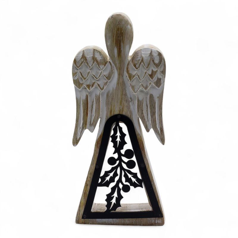 Angel de Madera de Mango - Encalado con Recorte de Hierro - 18cm
