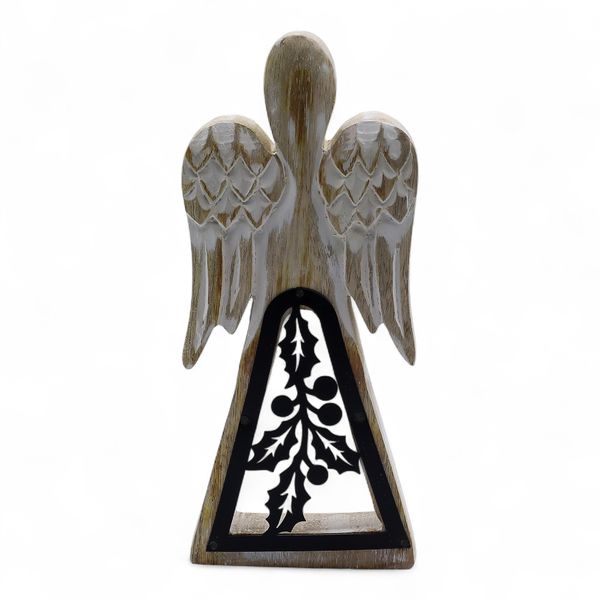 Angel de Madera de Mango - Encalado con Recorte de Hierro - 18cm