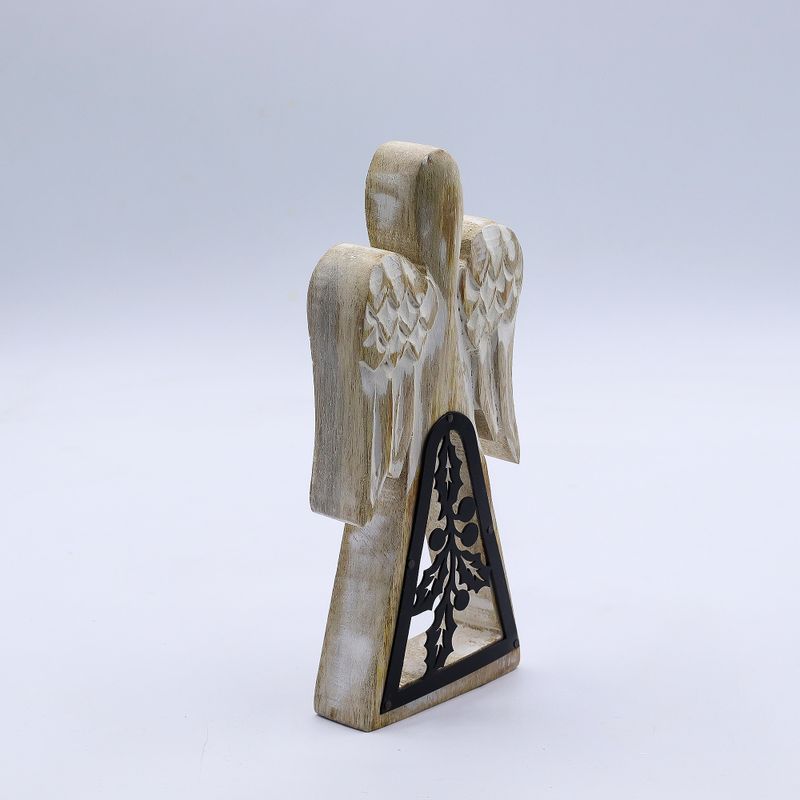 Angel de Madera de Mango - Encalado con Recorte de Hierro - 18cm