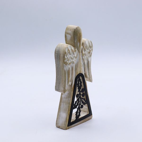 Angel de Madera de Mango - Encalado con Recorte de Hierro - 18cm