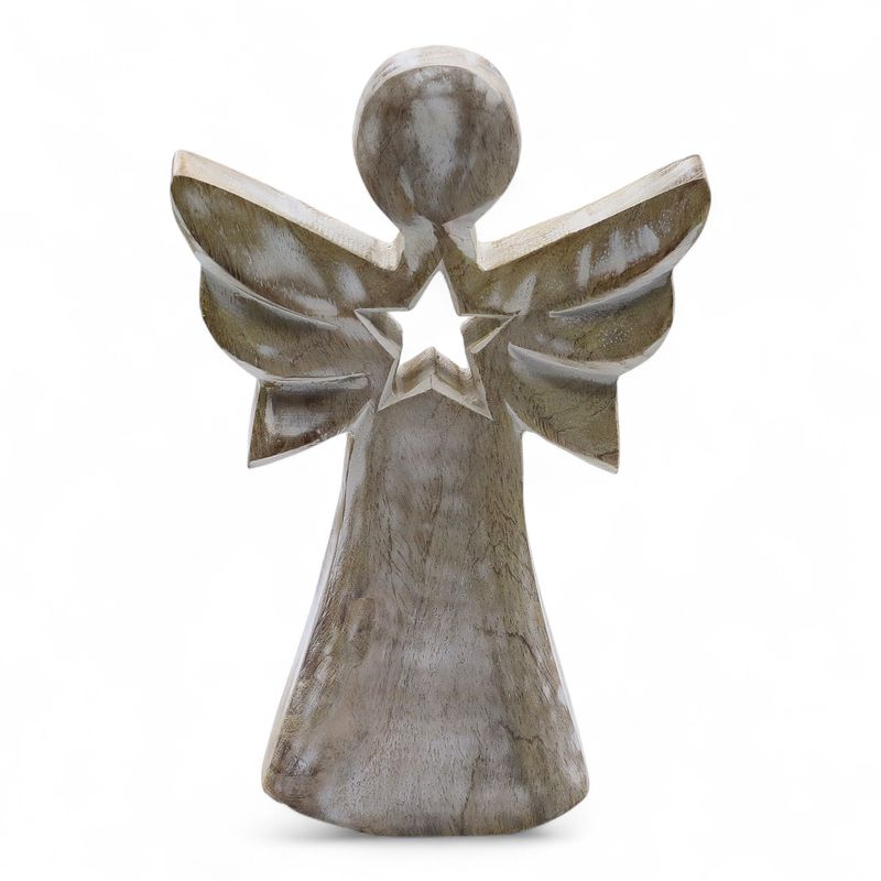 Angel de Madera de Mango - Encalado con Recorte de Estrella - 18cm